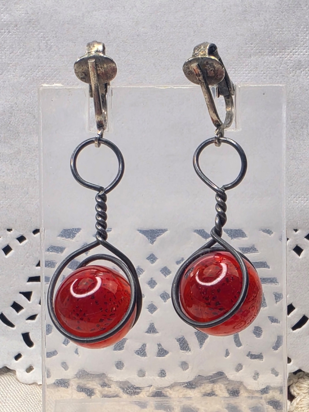 Estate Red Glass Orb Drop Earrings Twisted Dark Wire 2" Dangle